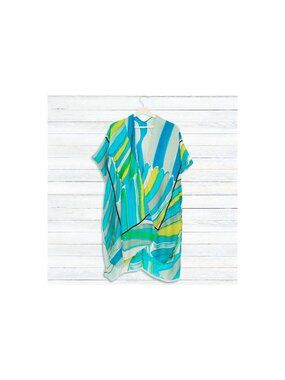 Green Abstract Art Kimono Beach Cover UP One Size Boho Duster Resort Travel Crui